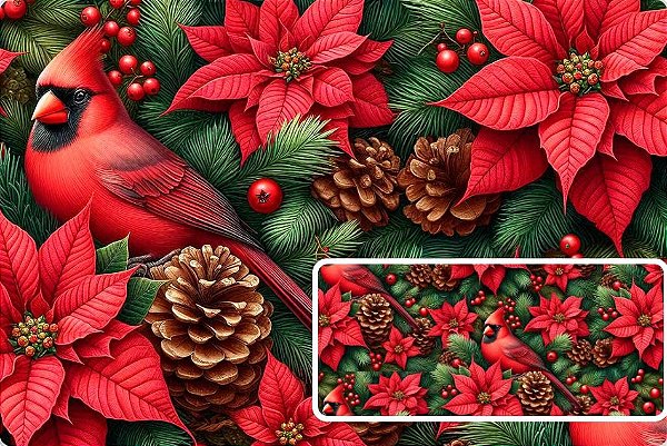 SARJA DIGITAL 100% ALGODÃO IMPERMEAVEL ESTAMPADA NATAL 3D HIBISCO COM PASSARO 0,50cm x 1,70m | SDN01S01