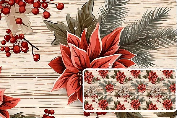 SARJA DIGITAL 100% ALGODÃO HIDRORREPELENTE ESTAMPADA NATAL 3D HIBISCO FUNDO MADEIRA 0,50cm x 1,70m | SDN03S01