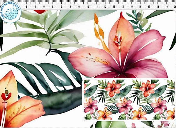 SARJA DIGITAL 100% ALGODÃO ESTAMPADA 3D IMPERMEÁVEL HIBISCO FUNDO BRANCO 0,50cm X 1,70m | 93768S01