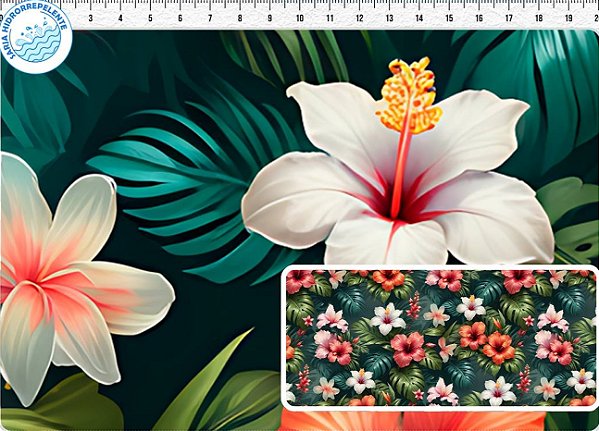SARJA DIGITAL 100% ALGODÃO ESTAMPADA 3D IMPERMEÁVEL HIBISCO FUNDO ESCURO 0,50cm X 1,70m | 93770S01