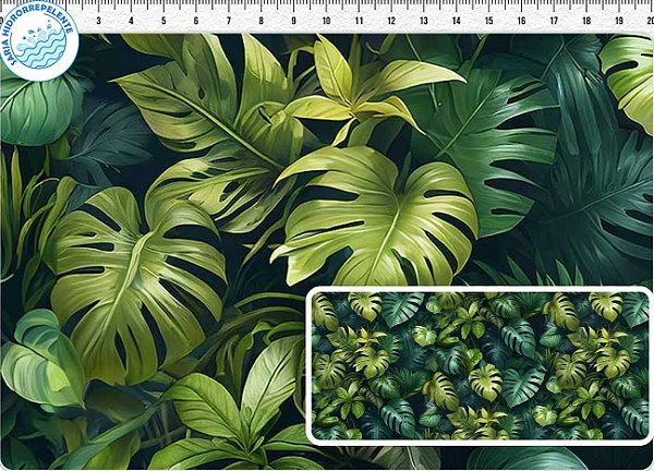SARJA DIGITAL 100% ALGODÃO ESTAMPADA 3D IMPERMEÁVEL FOLHAGEM FUNDO ESCURO 0,50cm X 1,70m | 93771S01