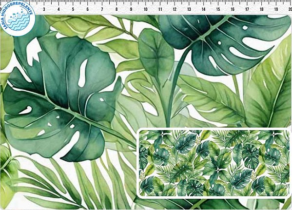 SARJA DIGITAL 100% ALGODÃO ESTAMPADA 3D IMPERMEÁVEL FOLHAGEM FUNDO CLARO 0,50cm X 1,70m | 93772S01
