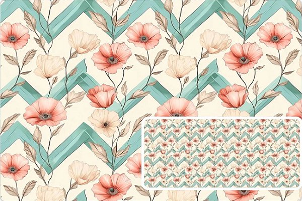 TECIDO TRICOLINE DIGITAL 100% ALGODÃO ESTAMPADO FLORAL CHEVRON 0,50cm X 1,50m | 93703C01