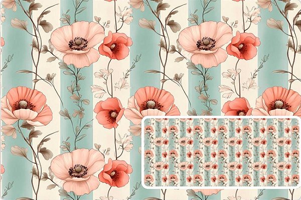 TECIDO TRICOLINE DIGITAL 100% ALGODÃO  ESTAMPADO FLORAL LISTRADO 0,50cm X 1,50m | 93706C01