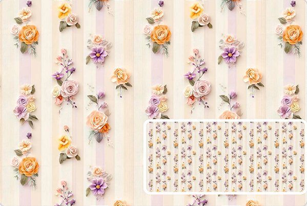 TRICOLINE DIGITAL 100% ALGODÃO ESTAMPADA 3D FLORES FUNDO LISTRADO 0,50cm x 1,50m | 93716C01