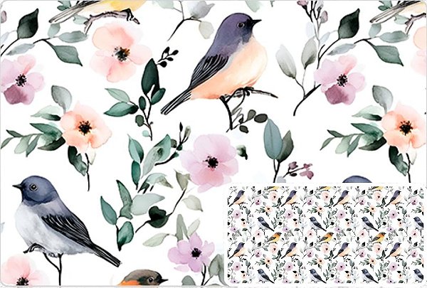 TRICOLINE DIGITAL 100% ALGODÃO ESTAMPADA FLORES E PASSAROS GRANDES 0,50cm X 1,50m | 93709C01