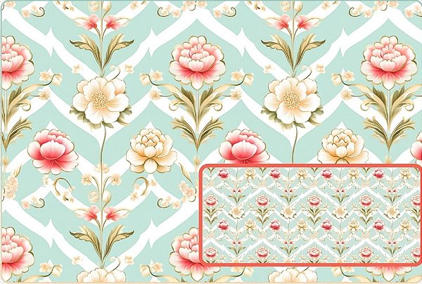 TECIDO TRICOLINE DIGITAL 100% ALGODÃO ESTAMPADO FLORAL COM FUNDO CHEVRON 0,50cm X 1,50m | 93849C01