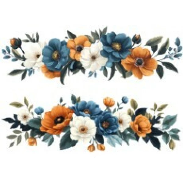 TRANSFER TEXTIL PASSE E CRIE - BARRADO DE FLORES AZUIS E CARAMELO | Modelo PC0008