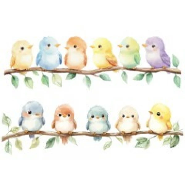 TRANSFER TEXTIL PASSE E CRIE - BARRADO DE PASSARINHOS AZUL E AMARELO 0,21cm X 0,29cm| Modelo PC0017