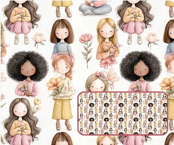 TECIDO TRICOLINE DIGITAL 100% ALGODÃO ESTAMPADO INFANTIL FLORAL MISSES 0,50cm X 1,50m | 93840C01