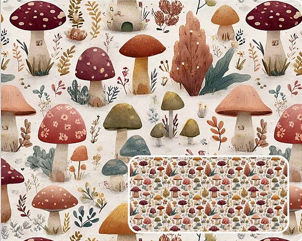 TRICOLINE DIGITAL 100% ALGODÃO ESTAMPADA COGUMELOS 0,50cm X 1,50m | CMC00107