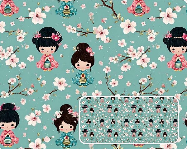 TRICOLINE DIGITAL 100% ALGODÃO ESTAMPADA ORIENTAL CUTE KOKESHI 0,50cm x 1,50m | CMC00113