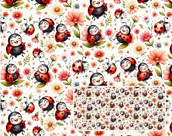 TRICOLINE DIGITAL 100% ALGODÃO ESTAMPADA JOANINHAS E FLORES 0,50cm X 1,50m | 93918C01