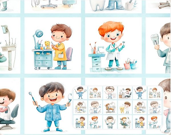 TECIDO TRICOLINE DIGITAL 100% ALGODÃO | PAINEL ESTAMPADO QUADROS DENTISTA 0,50cm X 1,50m | 93925C01