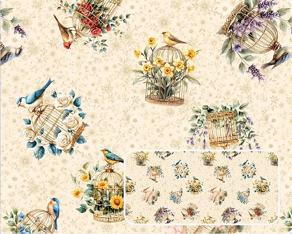 TRICOLINE DIGITAL 100% ALGODÃO ESTAMPADA GAIOLAS PASSARO 0,50cm X 1,50m | 93990C01