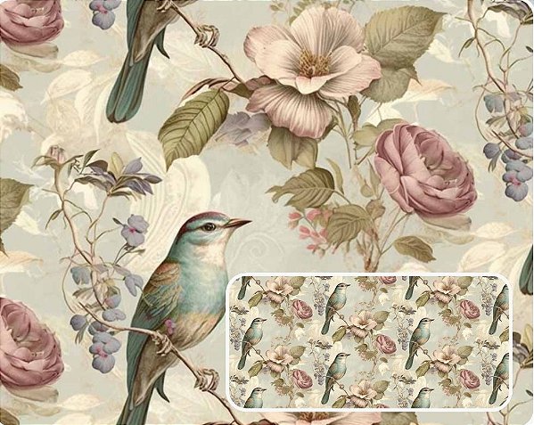 SARJA DIGITAL 100% ALGODÃO ESTAMPADA VINTAGE PÁSSAROS HIDRORREPELENTE 0,50cm X 1,70m | 94081S01