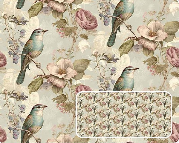 TRICOLINE DIGITAL 100% ALGODÃO ESTAMPADA VINTAGE PÁSSAROS 0,50cm x 1,50m | 94083C01