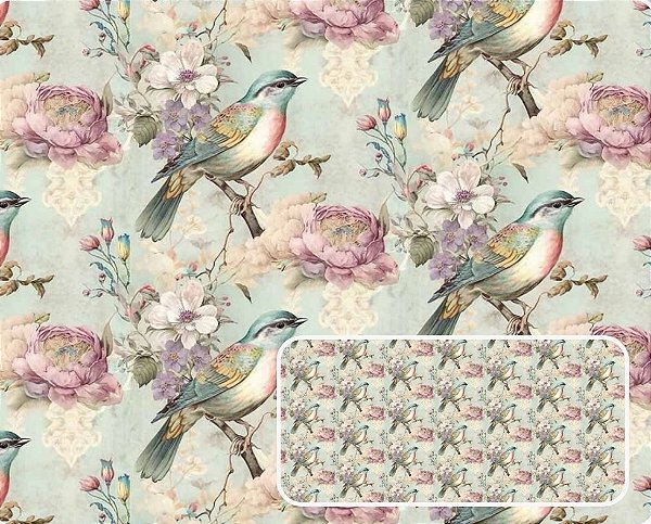 TRICOLINE DIGITAL 100% ALGODÃO ESTAMPADA VINTAGE PÁSSAROS 0,50cm x 1,50m | 94086C01