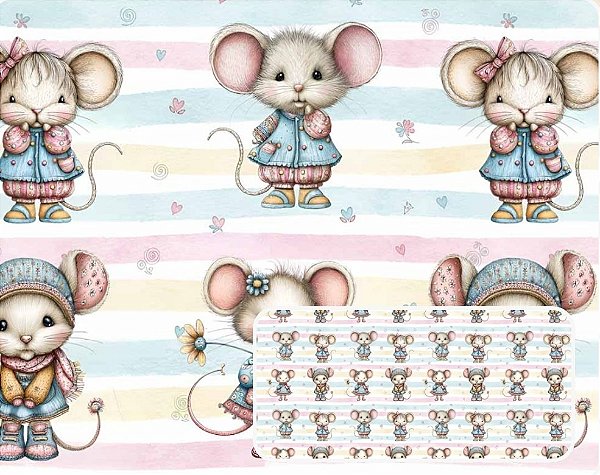 TRICOLINE DIGITAL 100% ALGODÃO ESTAMPADA ANIMAIS FOFURA RATINHOS 0,50cm X 1,50m | 94115C01