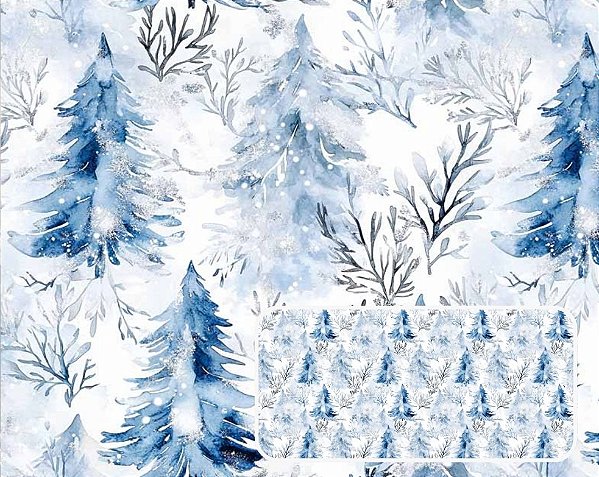 TRICOLINE DIGITAL 100% ALGODÃO ESTAMPADA NATAL ARVORE FUNDO AZUL 0,50cm x 1,50m | CH000201