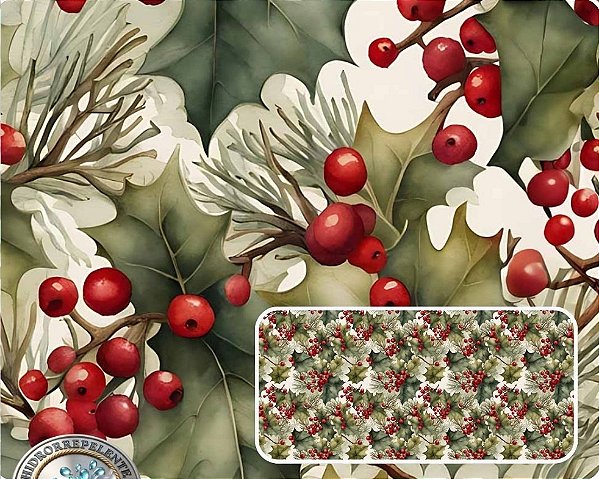 SARJA DIGITAL 100% ALGODÃO IMPERMEAVEL ESTAMPADA NATAL FOLHAGEM E FRUTAS 0,50cm x 1,70m | SDN06S01
