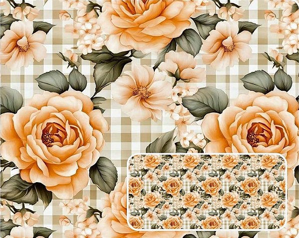TRICOLINE DIGITAL 100% ALGODÃO ESTAMPADA FLORAL FUNDO XADREZ 0,50cm X 1,50m | CMC00119