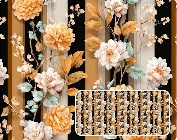 TRICOLINE DIGITAL 100% ALGODÃO ESTAMPADA FLORAL FUNDO LISTRAS 0,50cm X 1,50m | CMC00121