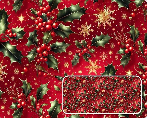 TRICOLINE DIGITAL 100% ALGODÃO ESTAMPADA NATAL AZEVINHAS FUNDO VERMELHO 0,50cm x 1,50m | CH000208