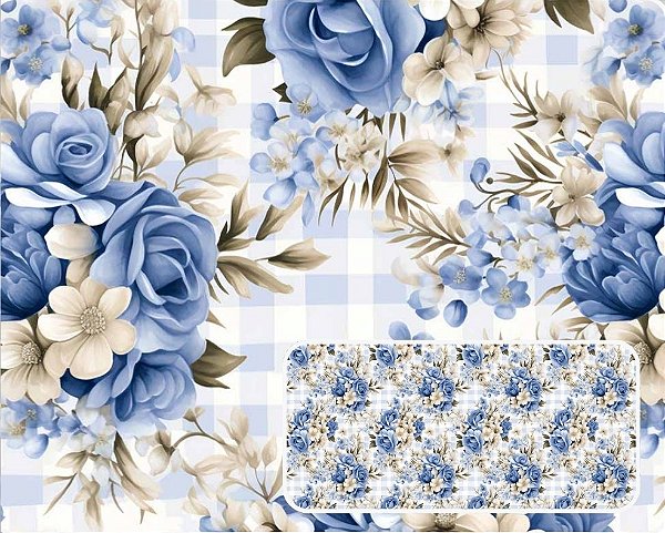 TECIDO TRICOLINE DIGITAL 100% ALGODÃO ESTAMPADO FLORAL FUNDO XADREZ 0,50cm X 1,50m | 94169C01