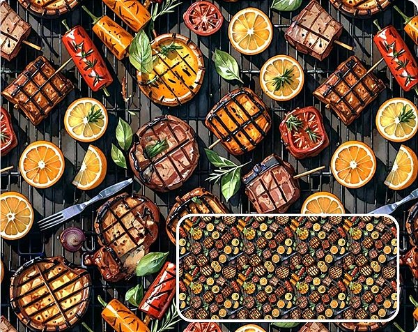 TECIDO TRICOLINE DIGITAL 100% ALGODÃO ESTAMPADA CHURRASCO LEGUMES 0,50cm x 1,50m | 94228C01