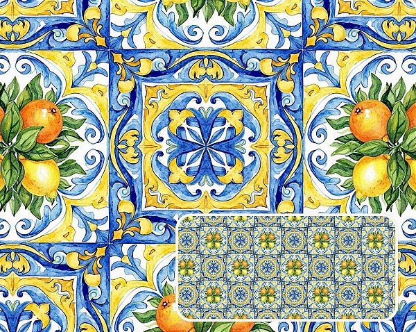 TECIDO TRICOLINE DIGITAL 100% ALGODÃO ESTAMPADO AZULEJO QUADRADO LIMÃO 0,50cm X 1,50m | 94234C01