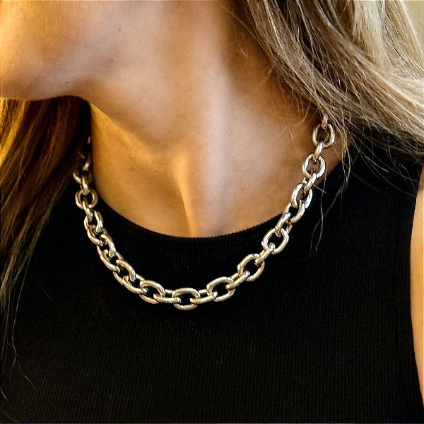 Corrente de Elos Intercalados Banhada a Ródio