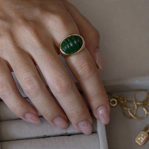 Anel Gomos Texturizado Banhado a  Ouro 18K em Resina Verde Rolex