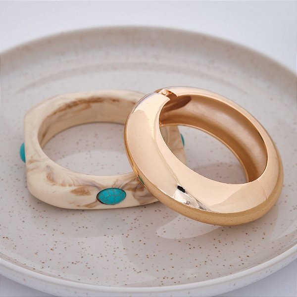 bracelete em Resina Marmorizada com Pedra Turquesa