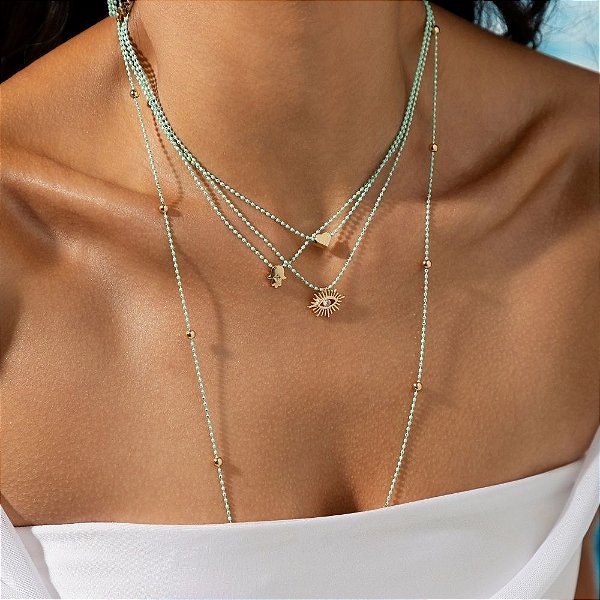 Colar Triplo Amuletos em banho de Ouro 18k