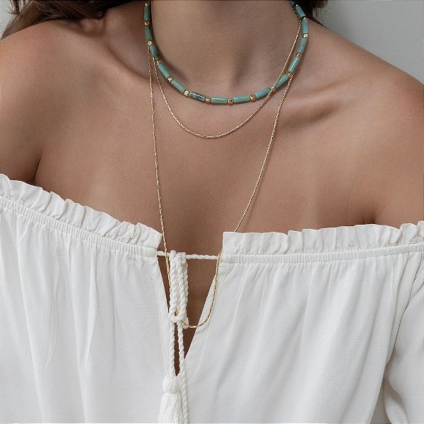Colar de Turquesa com Entremeios Dourados – Banhado a Ouro 18k