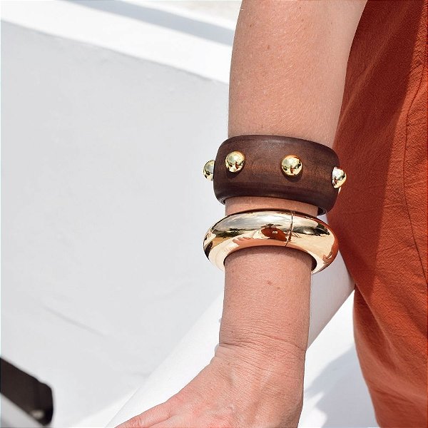 Bracelete Madeira com Esferas em Banho de Ouro 18K