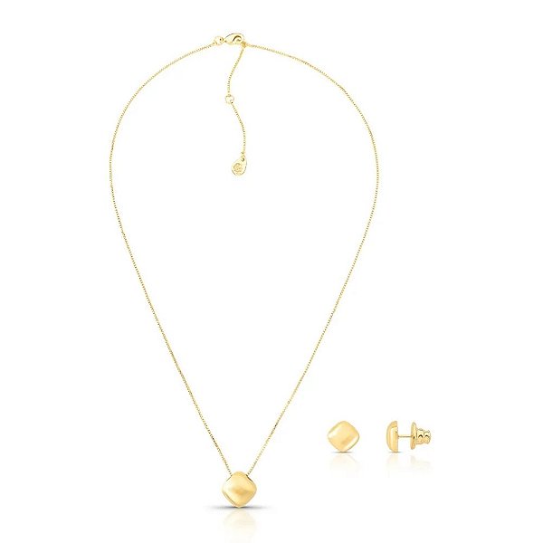 Conjunto Pingente Quadrado em Banho de Ouro Acetinado