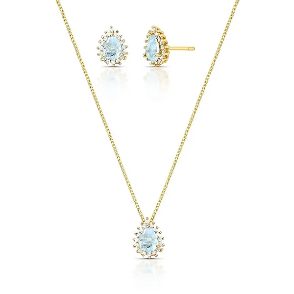 Conjunto Gota Azul Topázio com Zircônias – Banho de Ouro 18k