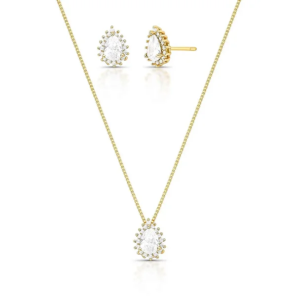 Conjunto Gota Cristal com Zircônias – Banho de Ouro 18k