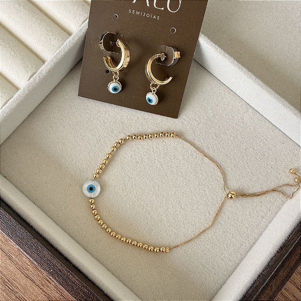 Argola Mini com Pingente Olho Grego – Banho de Ouro 18k
