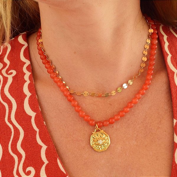 Colar Aperol em Ágata Coral com Olho Grego e Banho de Ouro 18k