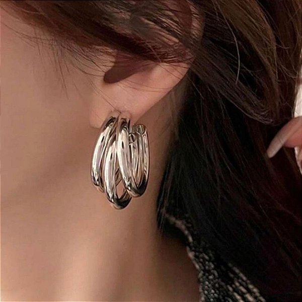 Brinco Cecília – Argola Tripla Banhada à Ródio M/G