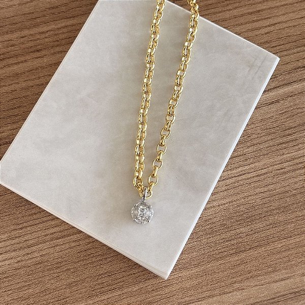 Colar Duo Shine em Corrente Portuguesa e Pingente em Zircônia Central