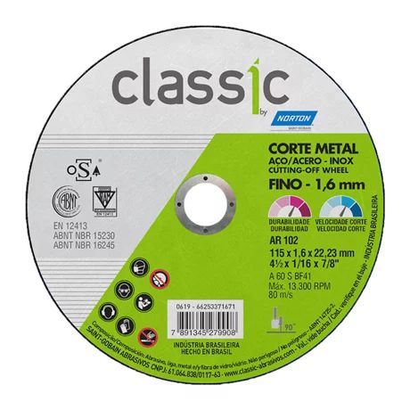 Disco de Corte Classic Norton AR 102 - 115 x 1,6 x 22,23