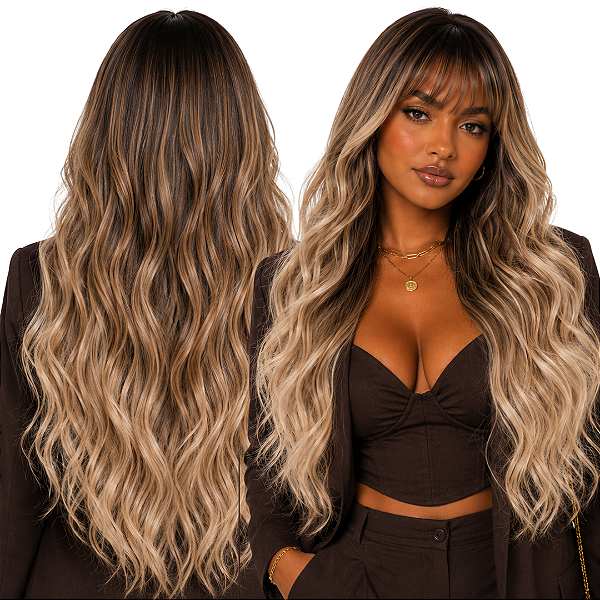 Wig Yasmin Fibra Orgânica Ondulada Com Franja 60cm
