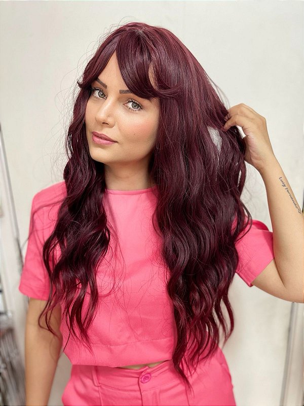 Wig Yasmin Fibra Orgânica Ondulada Com Franja 60cm
