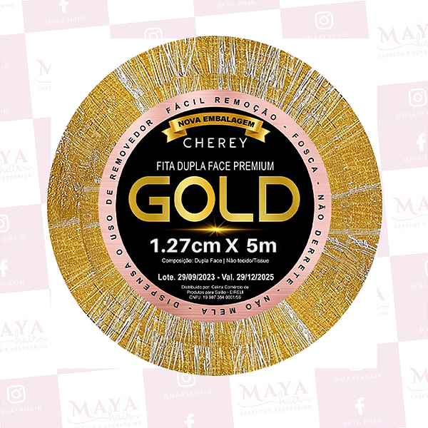 FITA ADESIVA GOLD CHEREY TAPE PRÓTESE MEGA HAIR 5 METROS X 1,27CM