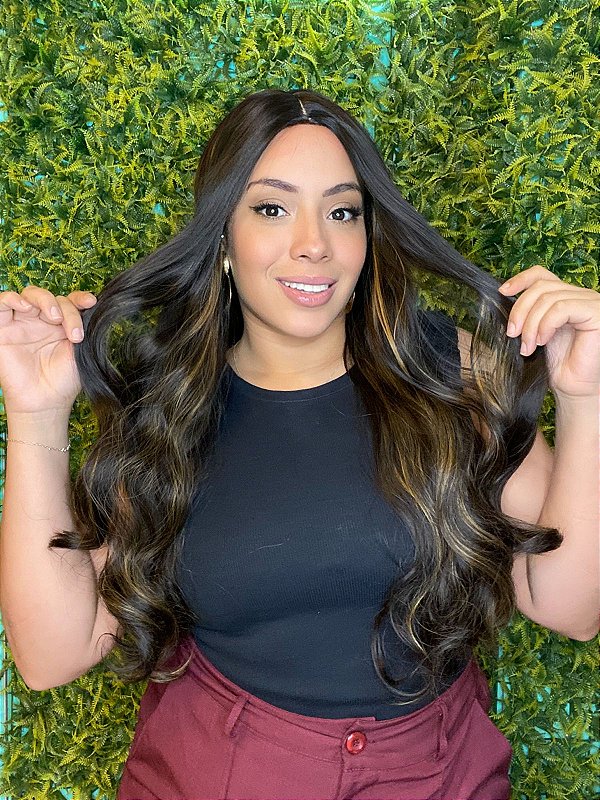 Wig Ondulada Longa 65cm Bio Fibra Orgânica Julia Sem Franja