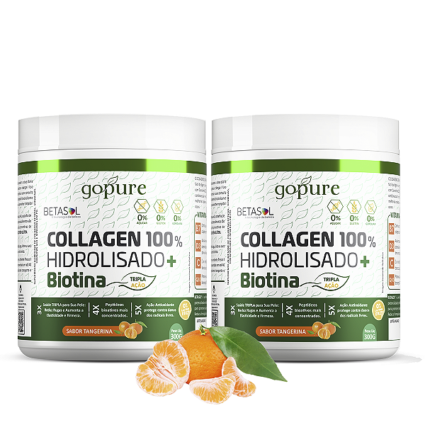 2 Potes de COLLAGEN 300G 100% Hidrolisado + Biotina sabor Tangerina